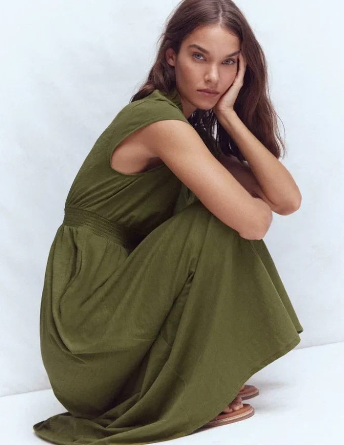 Alba Smocked Jersey Midi Dress Olive Alba Smocked Jersey Midi Dress Olive