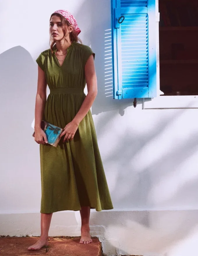 Alba Smocked Jersey Midi Dress Olive Alba Smocked Jersey Midi Dress Olive