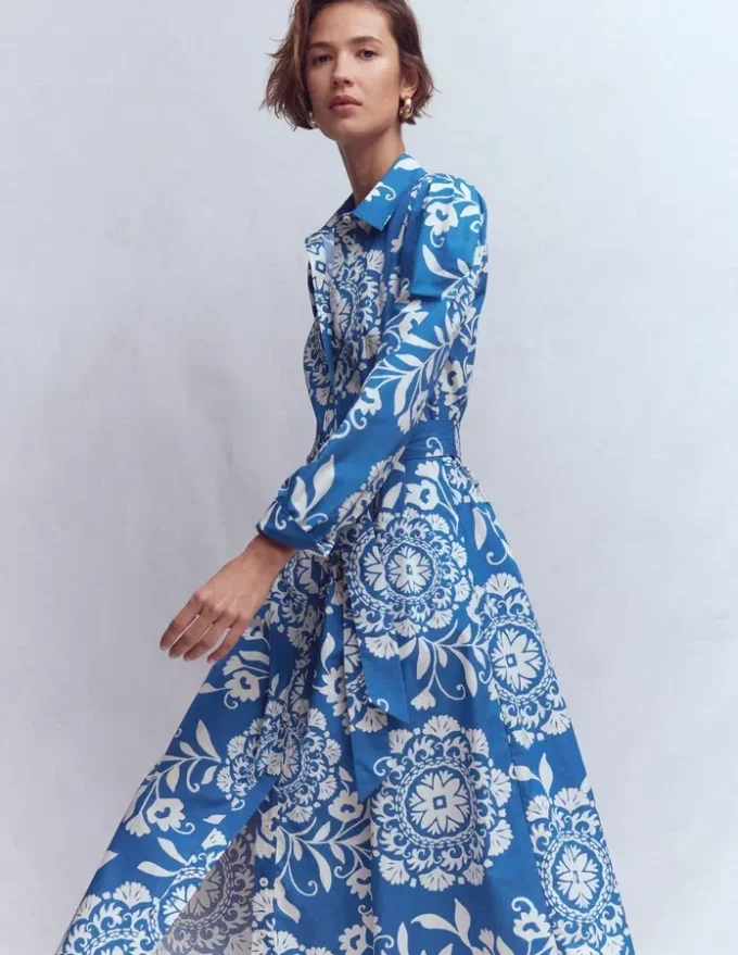 Alexa Long Sleeve Midi Dress Blue, Decorative Blossom Alexa Long Sleeve Midi Dress Blue, Decorative Blossom