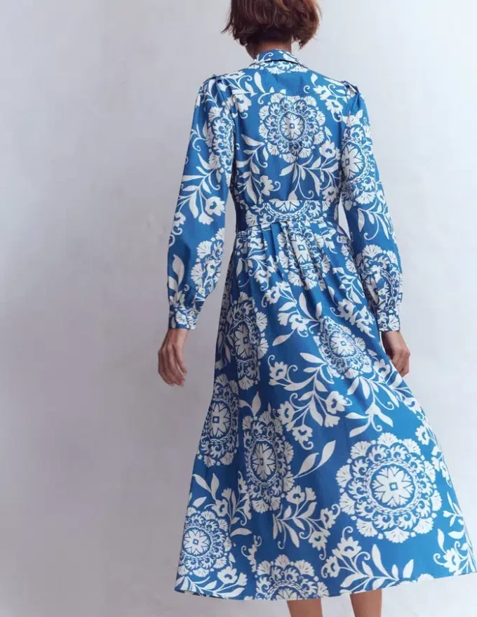 Alexa Long Sleeve Midi Dress Blue, Decorative Blossom Alexa Long Sleeve Midi Dress Blue, Decorative Blossom