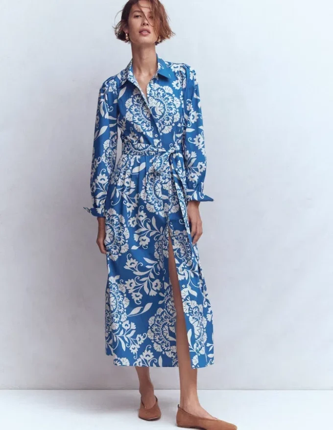 Alexa Long Sleeve Midi Dress Blue, Decorative Blossom Alexa Long Sleeve Midi Dress Blue, Decorative Blossom