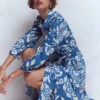 Alexa Long Sleeve Midi Dress Blue, Decorative Blossom Alexa Long Sleeve Midi Dress Blue, Decorative Blossom