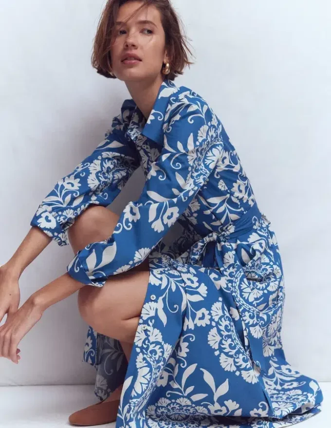 Alexa Long Sleeve Midi Dress Blue, Decorative Blossom Alexa Long Sleeve Midi Dress Blue, Decorative Blossom