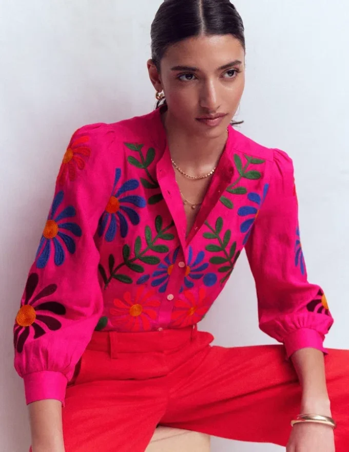 Alicia Linen Top Pink Peony, Flower Embroidery