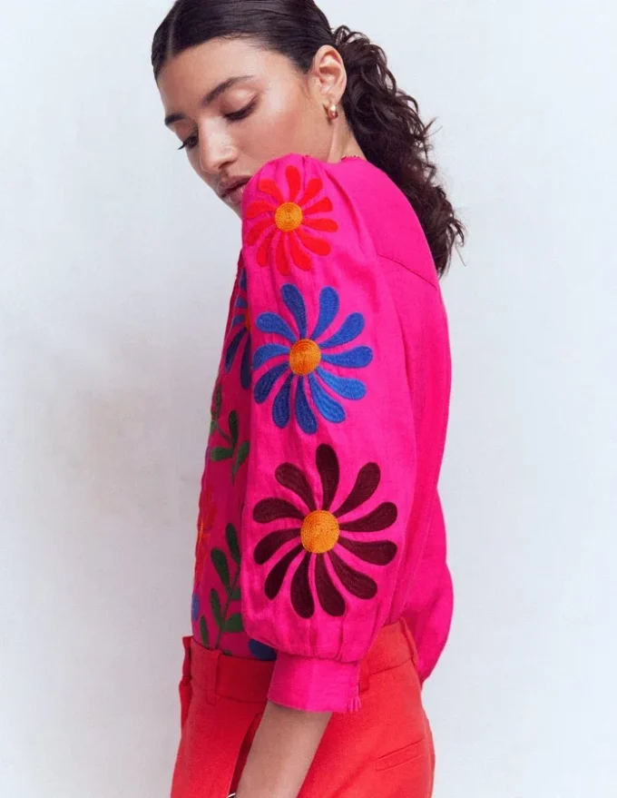 Alicia Linen Top Pink Peony, Flower Embroidery