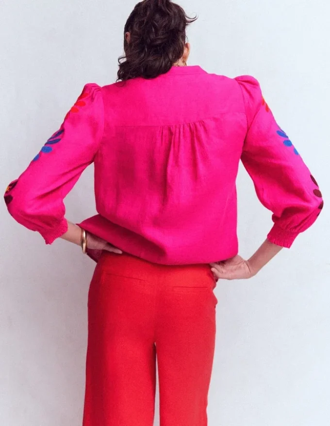 Alicia Linen Top Pink Peony, Flower Embroidery