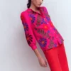 Alicia Linen Top Pink Peony, Flower Embroidery