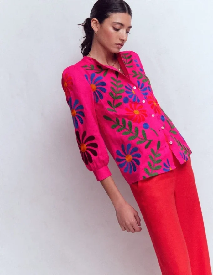 Alicia Linen Top Pink Peony, Flower Embroidery