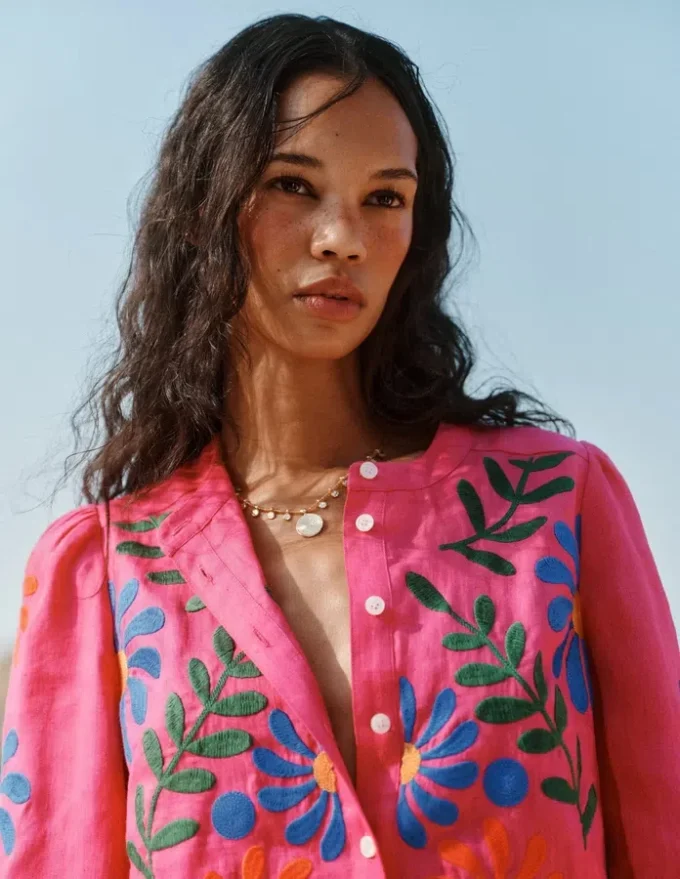 Alicia Linen Top Pink Peony, Flower Embroidery