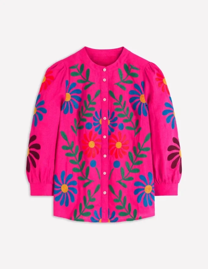 Alicia Linen Top Pink Peony, Flower Embroidery
