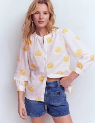 Alicia Linen Top White, Floral embroidery