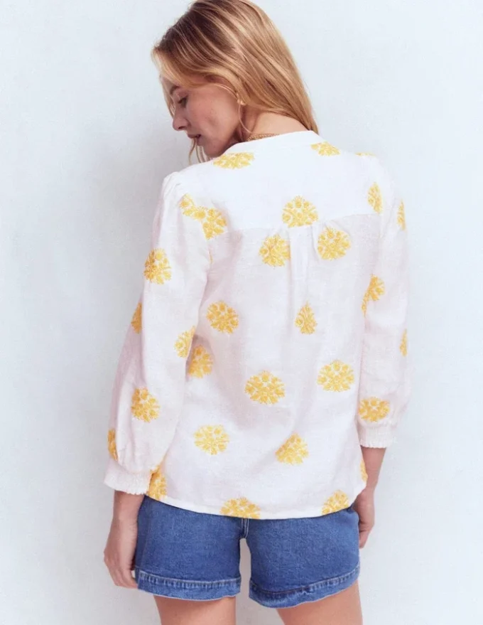 Alicia Linen Top White, Floral embroidery