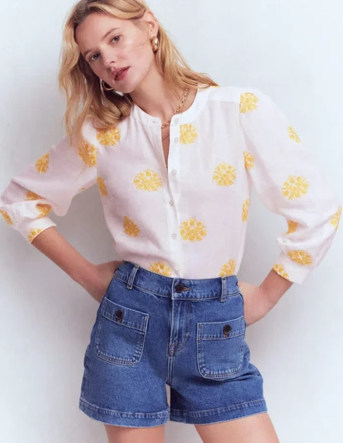 Alicia Linen Top White, Floral embroidery