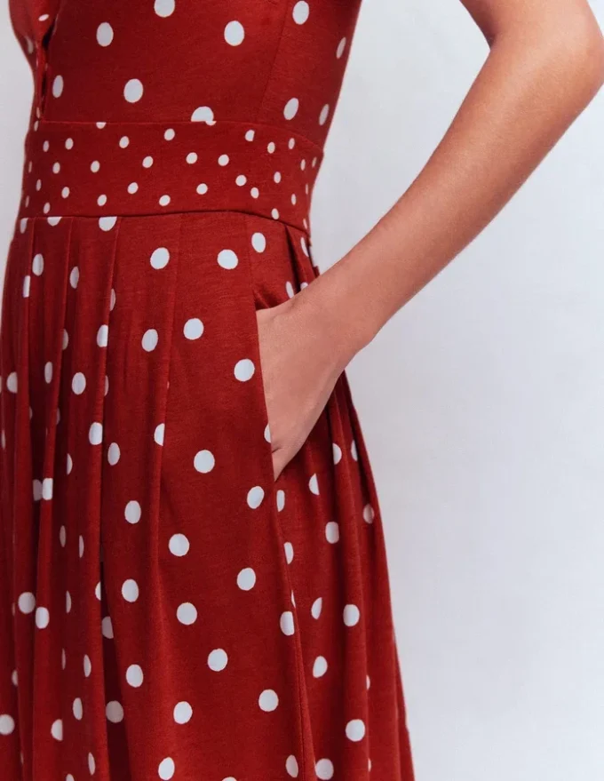 Amber Pleat Jersey Midi Dress Burnt Orange, Painted Dot