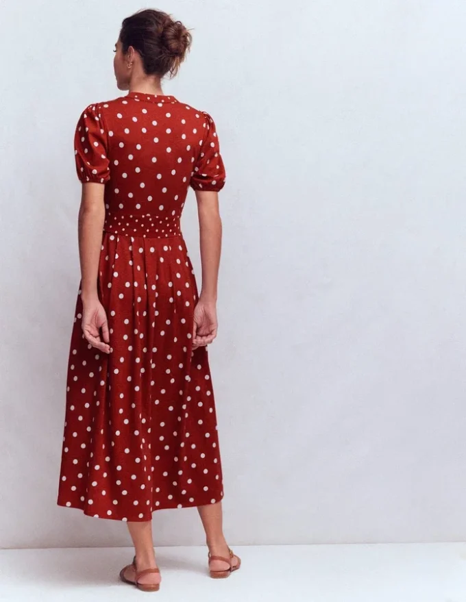 Amber Pleat Jersey Midi Dress Burnt Orange, Painted Dot