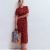 Amber Pleat Jersey Midi Dress Burnt Orange, Painted Dot