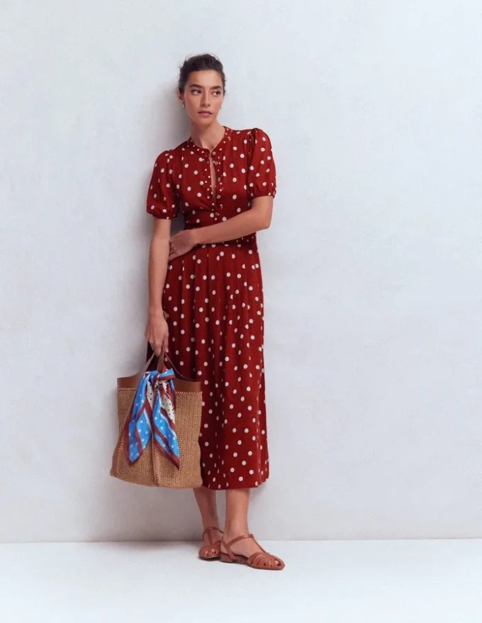 Amber Pleat Jersey Midi Dress Burnt Orange, Painted Dot