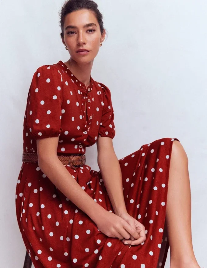 Amber Pleat Jersey Midi Dress Burnt Orange, Painted Dot