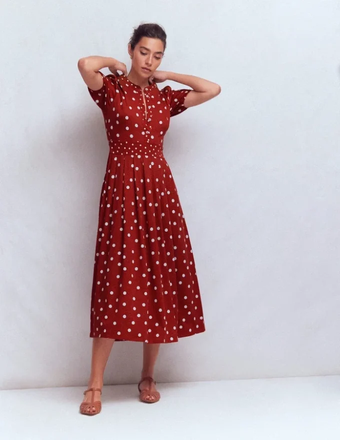 Amber Pleat Jersey Midi Dress Burnt Orange, Painted Dot