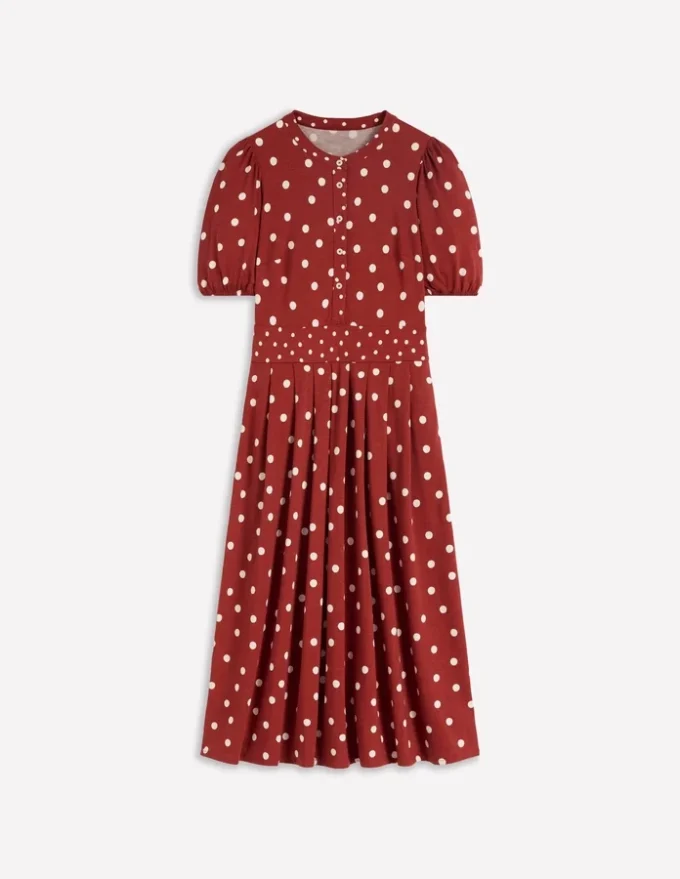 Amber Pleat Jersey Midi Dress Burnt Orange, Painted Dot