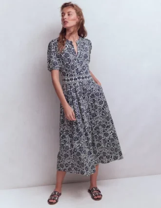 Amber Pleat Jersey Midi Dress Navy, Meadow Scatter