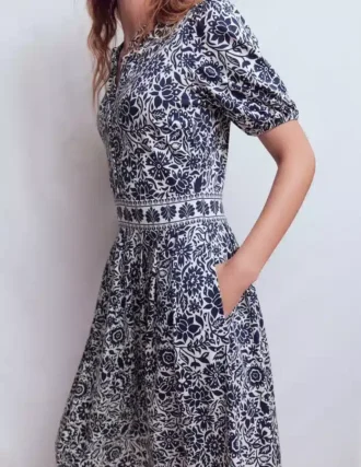 Amber Pleat Jersey Midi Dress Navy, Meadow Scatter