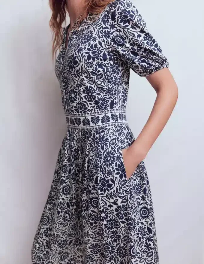 Amber Pleat Jersey Midi Dress Navy, Meadow Scatter Amber Pleat Jersey Midi Dress Navy, Meadow Scatter