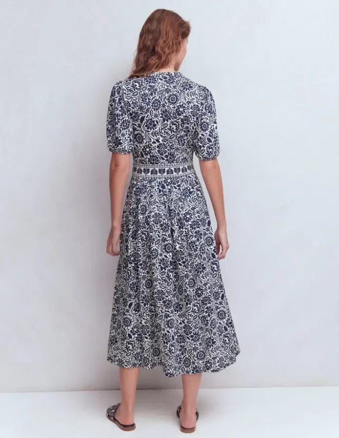 Amber Pleat Jersey Midi Dress Navy, Meadow Scatter Amber Pleat Jersey Midi Dress Navy, Meadow Scatter
