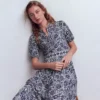 Amber Pleat Jersey Midi Dress Navy, Meadow Scatter Amber Pleat Jersey Midi Dress Navy, Meadow Scatter