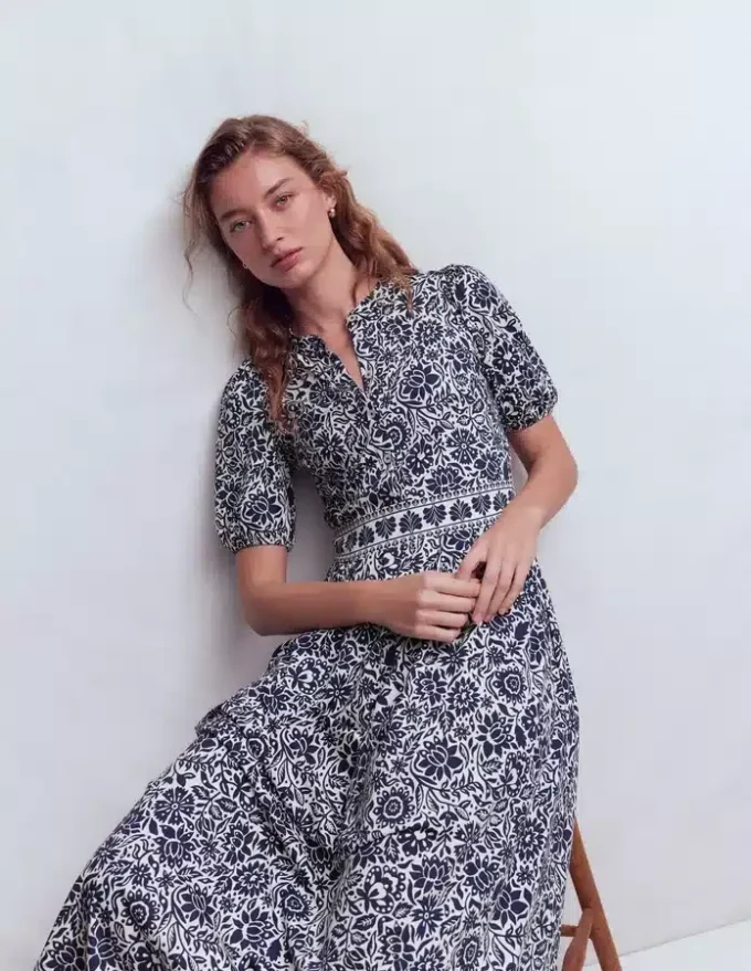 Amber Pleat Jersey Midi Dress Navy, Meadow Scatter Amber Pleat Jersey Midi Dress Navy, Meadow Scatter