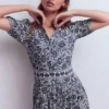 Amber Pleat Jersey Midi Dress Navy, Meadow Scatter Amber Pleat Jersey Midi Dress Navy, Meadow Scatter