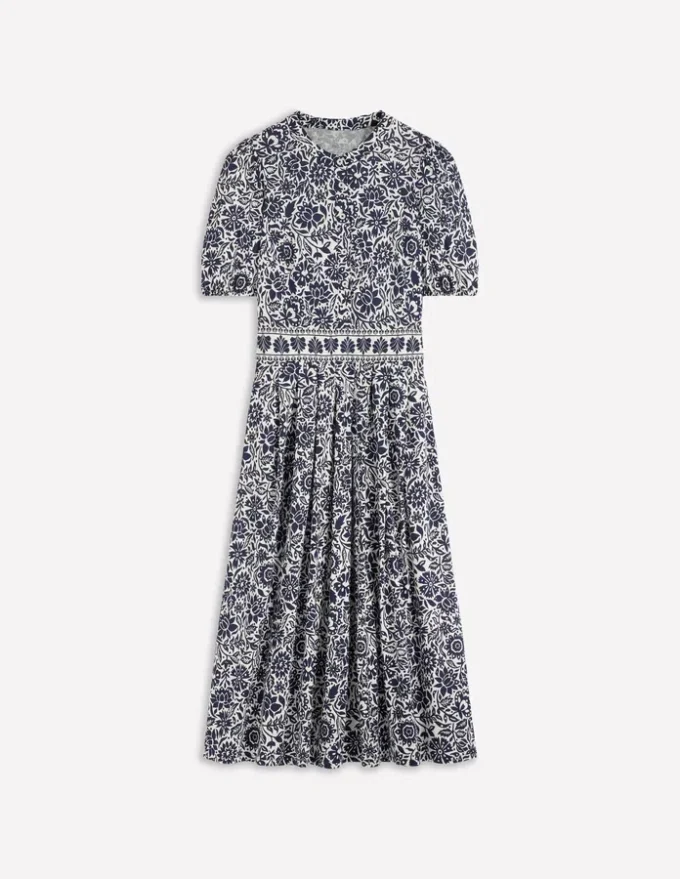Amber Pleat Jersey Midi Dress Navy, Meadow Scatter Amber Pleat Jersey Midi Dress Navy, Meadow Scatter
