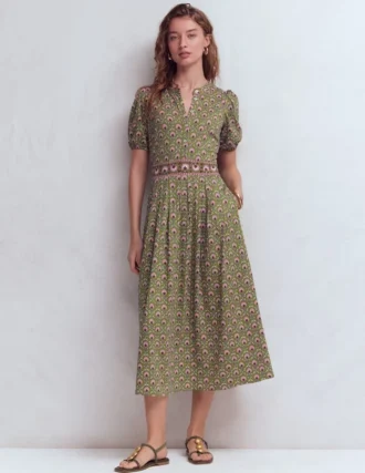 Amber Pleat Jersey Midi Dress Olive, Flower Lattice