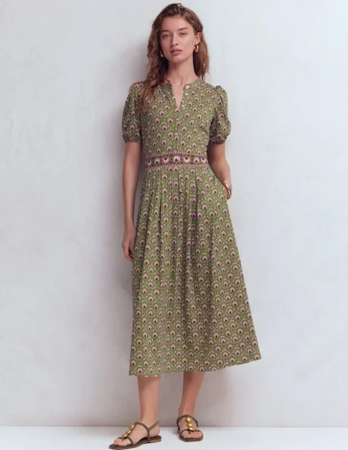 Amber Pleat Jersey Midi Dress Olive, Flower Lattice Amber Pleat Jersey Midi Dress Olive, Flower Lattice