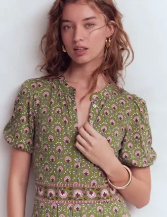 Amber Pleat Jersey Midi Dress Olive, Flower Lattice
