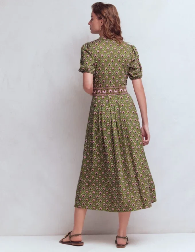 Amber Pleat Jersey Midi Dress Olive, Flower Lattice Amber Pleat Jersey Midi Dress Olive, Flower Lattice