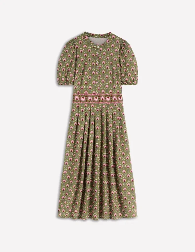 Amber Pleat Jersey Midi Dress Olive, Flower Lattice Amber Pleat Jersey Midi Dress Olive, Flower Lattice