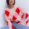 Anastasia Cashmere Sweater Red and Pink Argyle Anastasia Cashmere Sweater Red and Pink Argyle