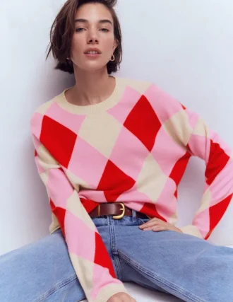 Anastasia Cashmere Sweater Red and Pink Argyle