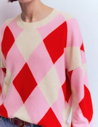 Anastasia Cashmere Sweater Red and Pink Argyle