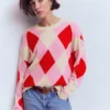 Anastasia Cashmere Sweater Red and Pink Argyle Anastasia Cashmere Sweater Red and Pink Argyle