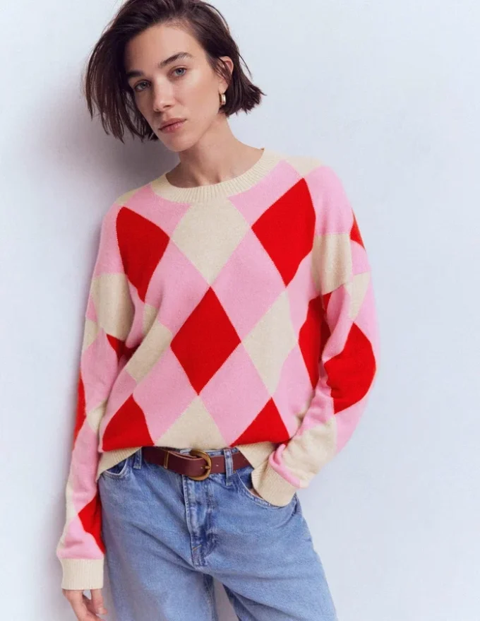 Anastasia Cashmere Sweater Red and Pink Argyle Anastasia Cashmere Sweater Red and Pink Argyle