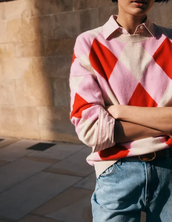 Anastasia Cashmere Sweater Red and Pink Argyle Anastasia Cashmere Sweater Red and Pink Argyle