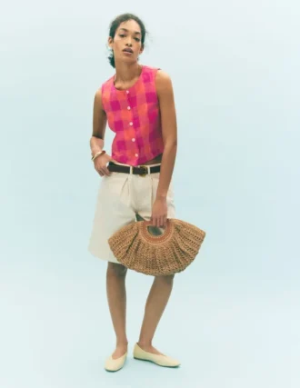 Andrea Linen Shell Top Zesty Orange, Pink Gingham