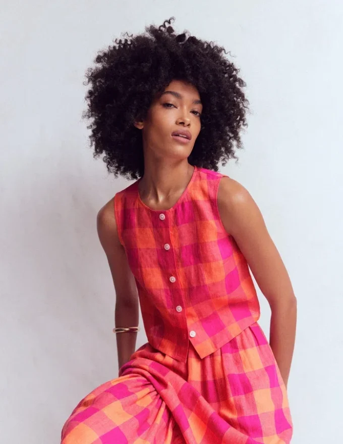 Andrea Linen Shell Top Zesty Orange, Pink Gingham Andrea Linen Shell Top Zesty Orange, Pink Gingham