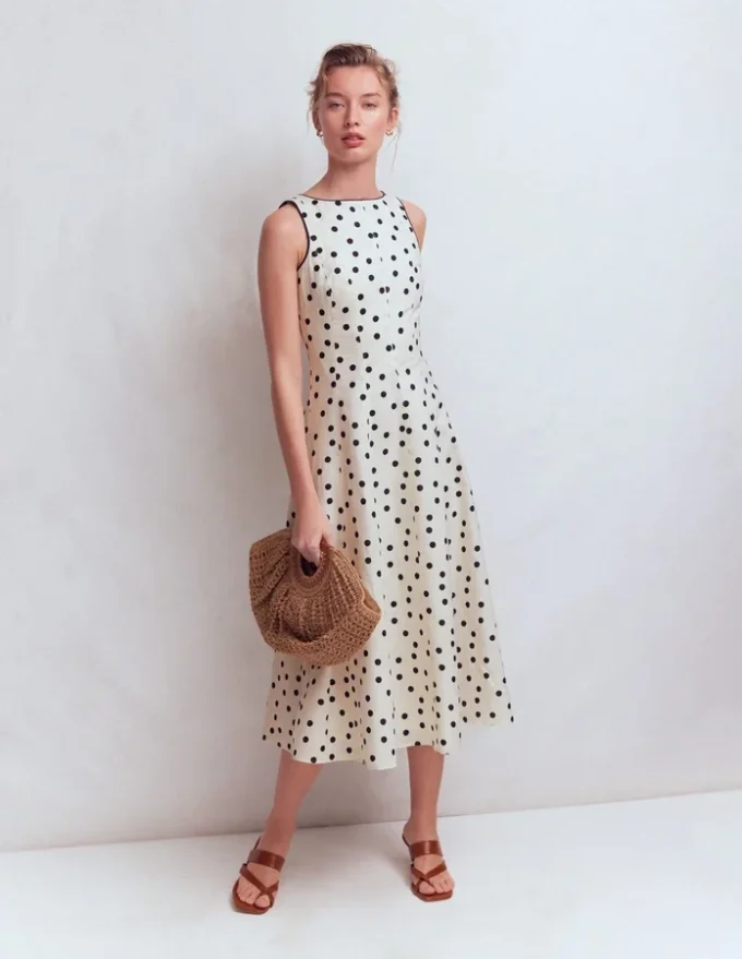 Annet Linen Blend Midi Dress Ivory Painted Dot Spaced Annet Linen Blend Midi Dress Ivory Painted Dot Spaced