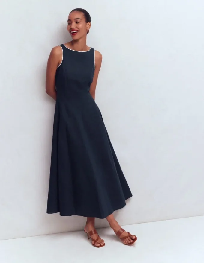 Annet Linen Blend Midi Dress Navy Annet Linen Blend Midi Dress Navy