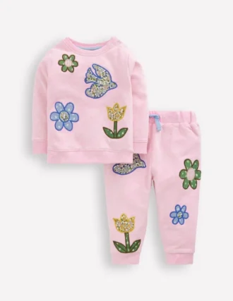 Appliqué Sweatshirt Set Pink Floral Patchwork