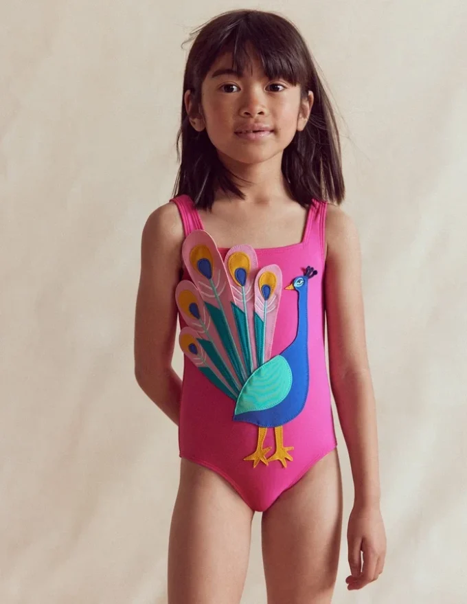 Appliqué Swimsuit Pink Peacock