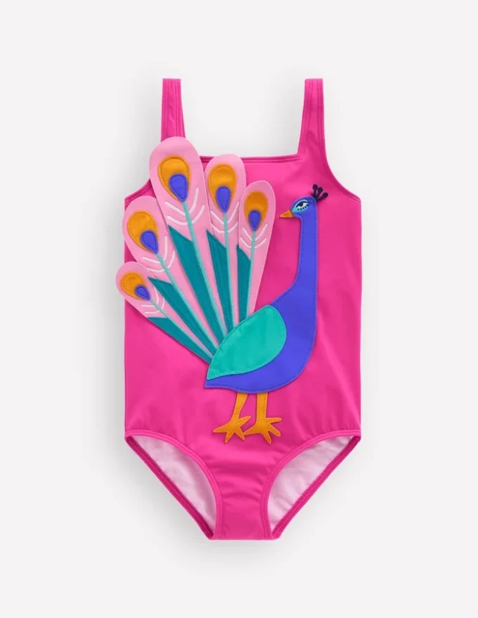 Appliqué Swimsuit Pink Peacock